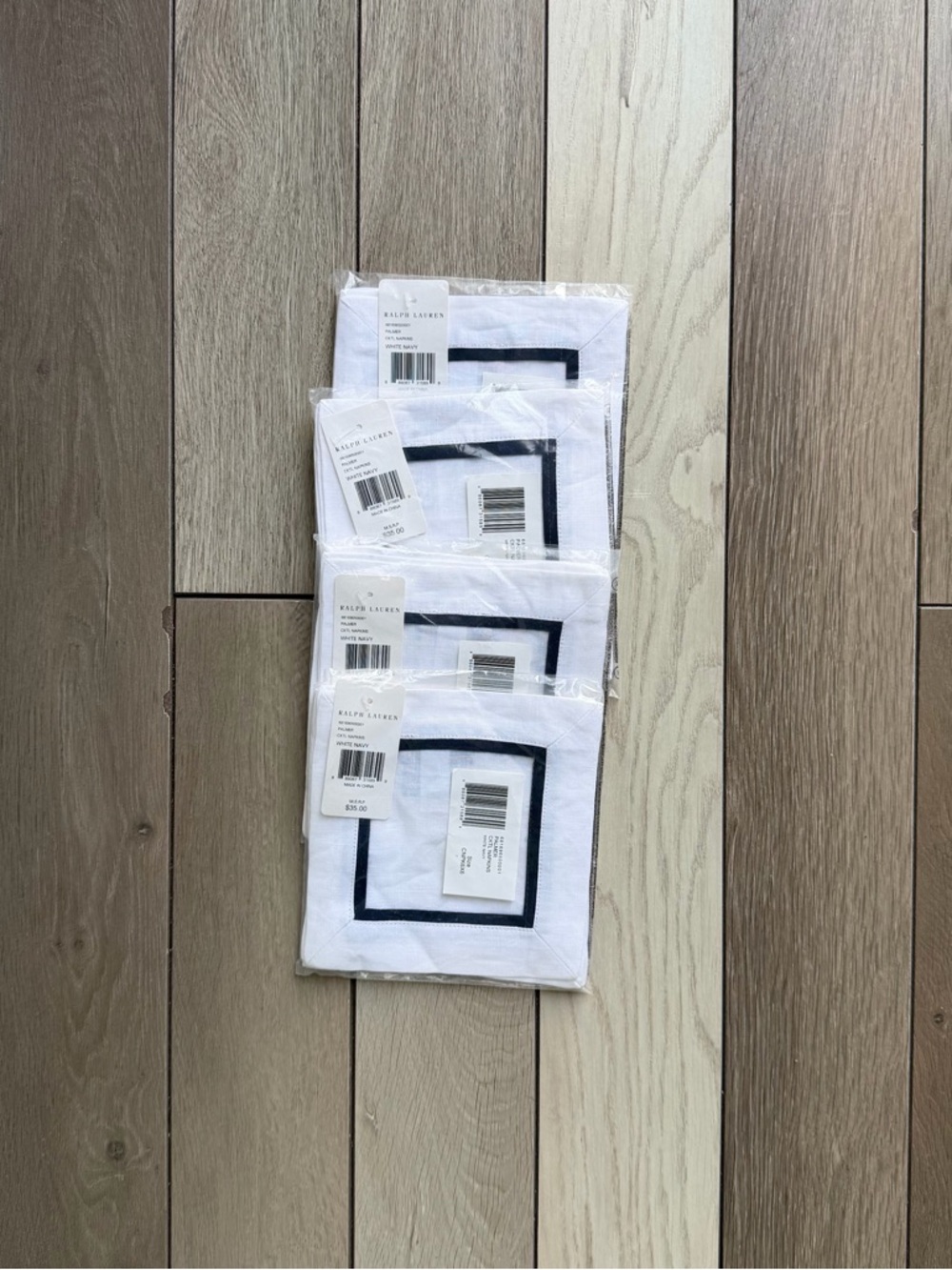 Ralph Lauren White Cocktail Napkins with Navy Trim - Set of 4
